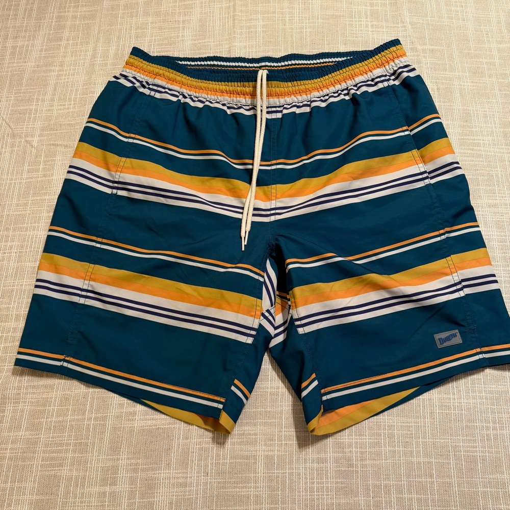 Duluth Trading Co Mens Striped Swim‎ Trunks Teal Orange Compression Liner Large